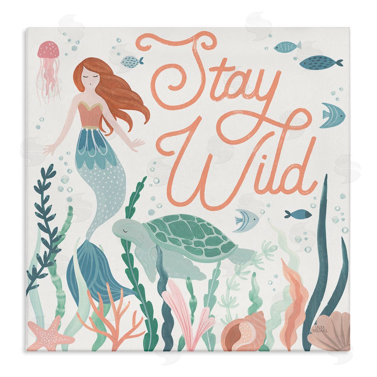 stupell industries Laura Marshall | Stay Wild Phrase Children's Seafloor Mermaid Tortoise Wall Art