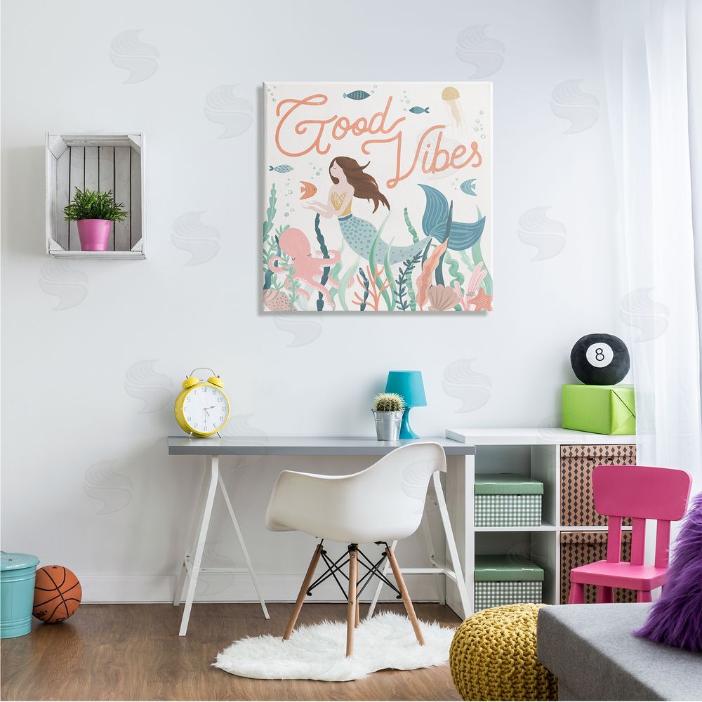 Laura Marshall Good Vibes Phrase Children's Mermaid Under Water Fish Canvas Wall Art in Room