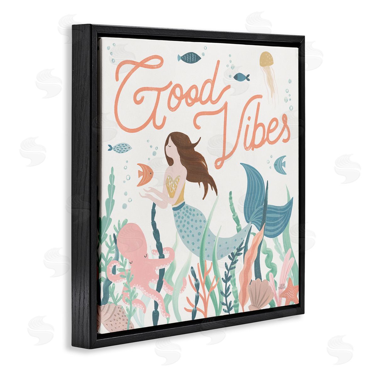 Laura Marshall Good Vibes Phrase Children's Mermaid Under Water Fish Black Floating Frame Canvas Wall Art Print