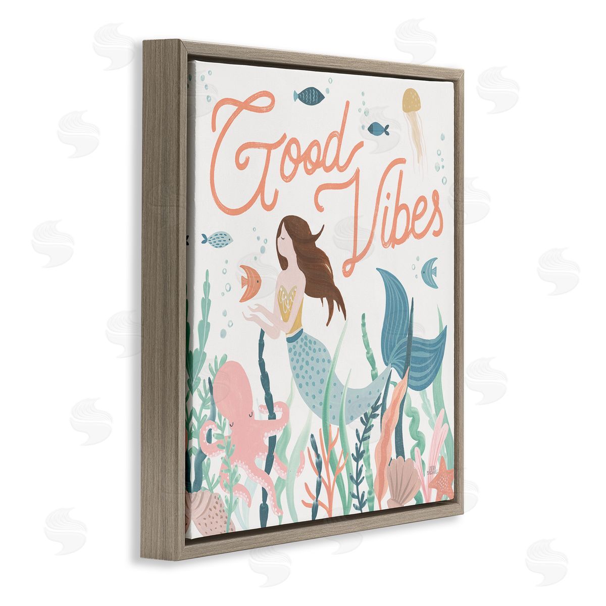 Laura Marshall Good Vibes Phrase Children's Mermaid Under Water Fish Brown Floating Frame Canvas Wall Art Print