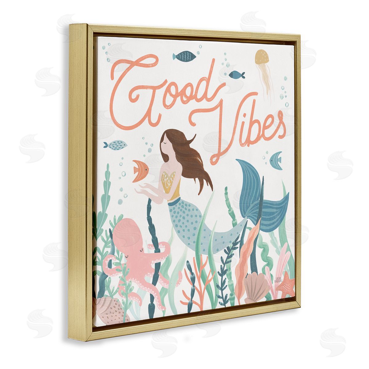 Laura Marshall Good Vibes Phrase Children's Mermaid Under Water Fish Gold Floating Frame Canvas Wall Art Print