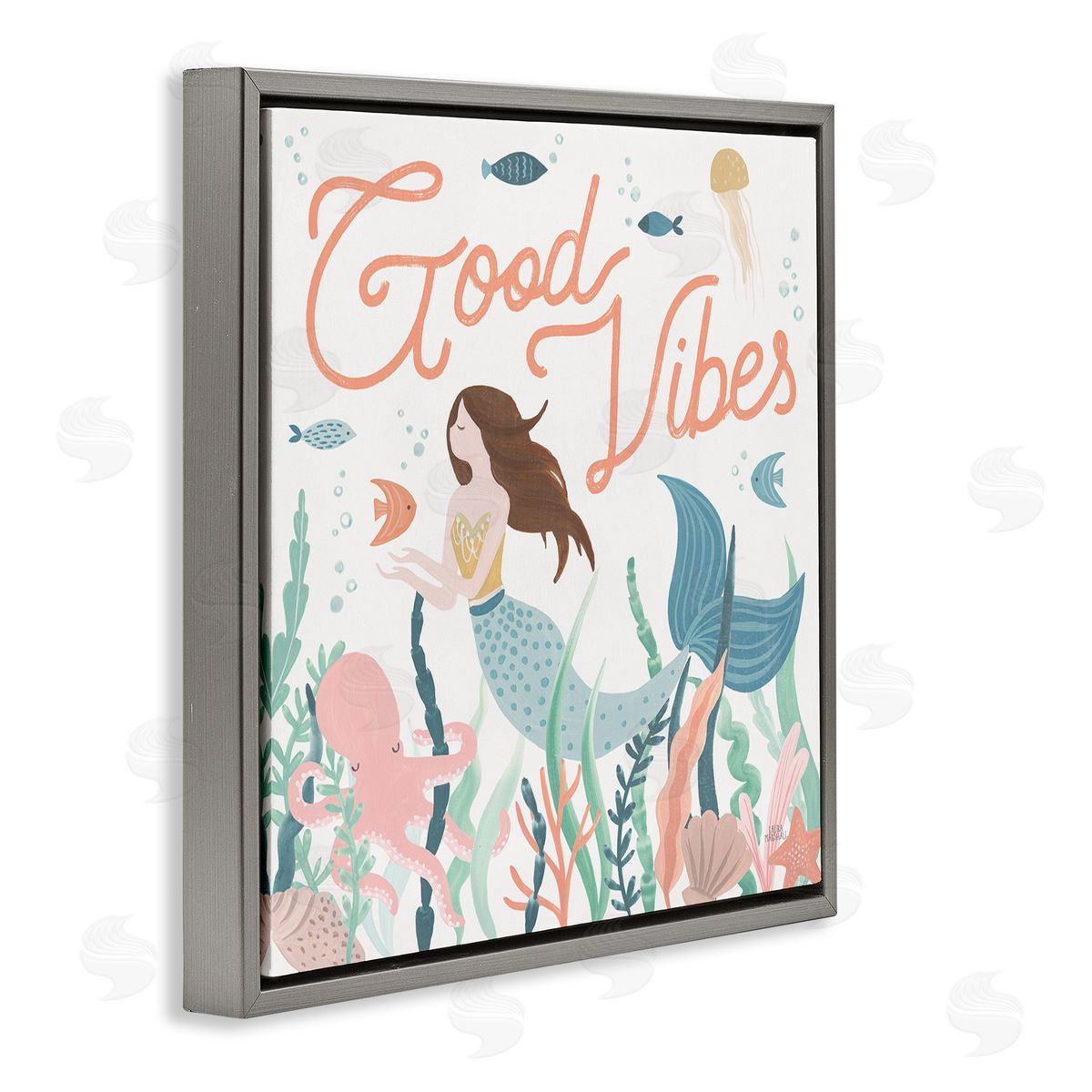 Laura Marshall Good Vibes Phrase Children's Mermaid Under Water Fish Gray Floating Frame Canvas Wall Art Print