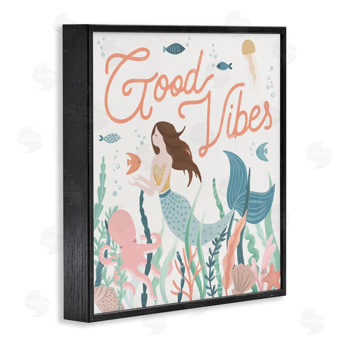 Laura Marshall Good Vibes Phrase Children's Mermaid Under Water Fish Black Framed Glicee Wall Art Print