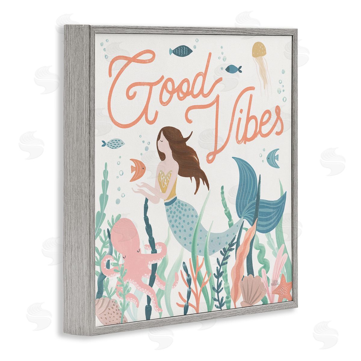 Laura Marshall Good Vibes Phrase Children's Mermaid Under Water Fish Gray Framed Glicee Wall Art Print