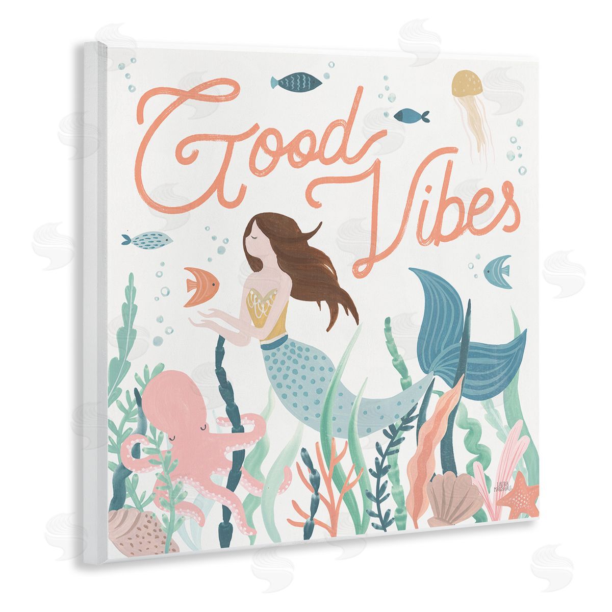 Laura Marshall Good Vibes Phrase Children's Mermaid Under Water Fish Wooden Wall Plaque Art Print