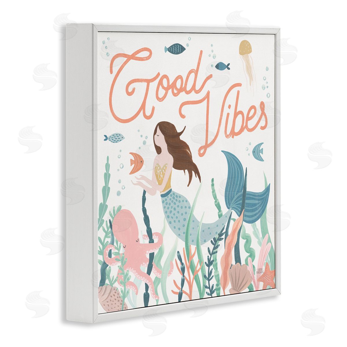 Laura Marshall Good Vibes Phrase Children's Mermaid Under Water Fish White Framed Glicee Wall Art Print