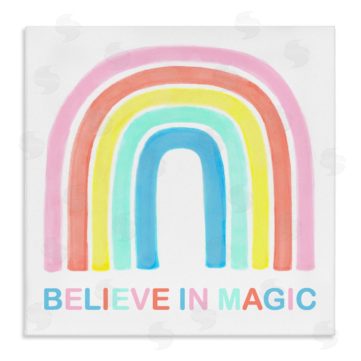 Reesa Qualia Believe In Magic Phrase Children's Vibrant Pastel Rainbow Stretched Canvas Wall Art Print