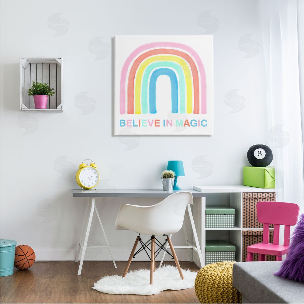 Reesa Qualia Believe In Magic Phrase Children's Vibrant Pastel Rainbow Canvas Wall Art in Room