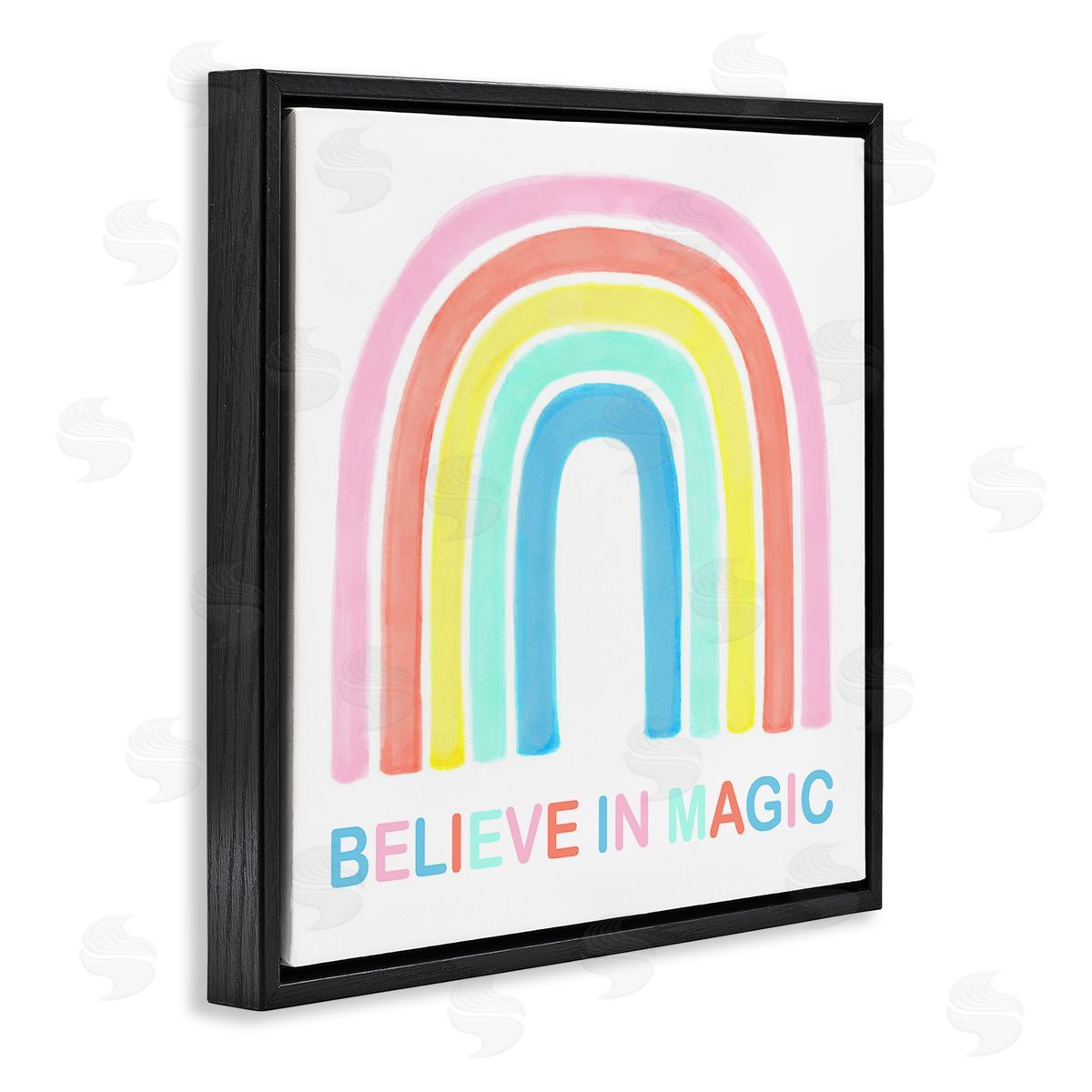 Reesa Qualia Believe In Magic Phrase Children's Vibrant Pastel Rainbow Black Floating Frame Canvas Wall Art Print