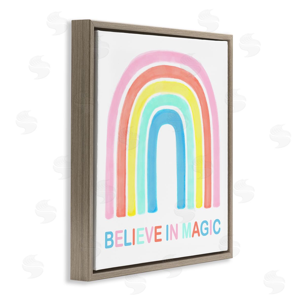 Reesa Qualia Believe In Magic Phrase Children's Vibrant Pastel Rainbow Brown Floating Frame Canvas Wall Art Print
