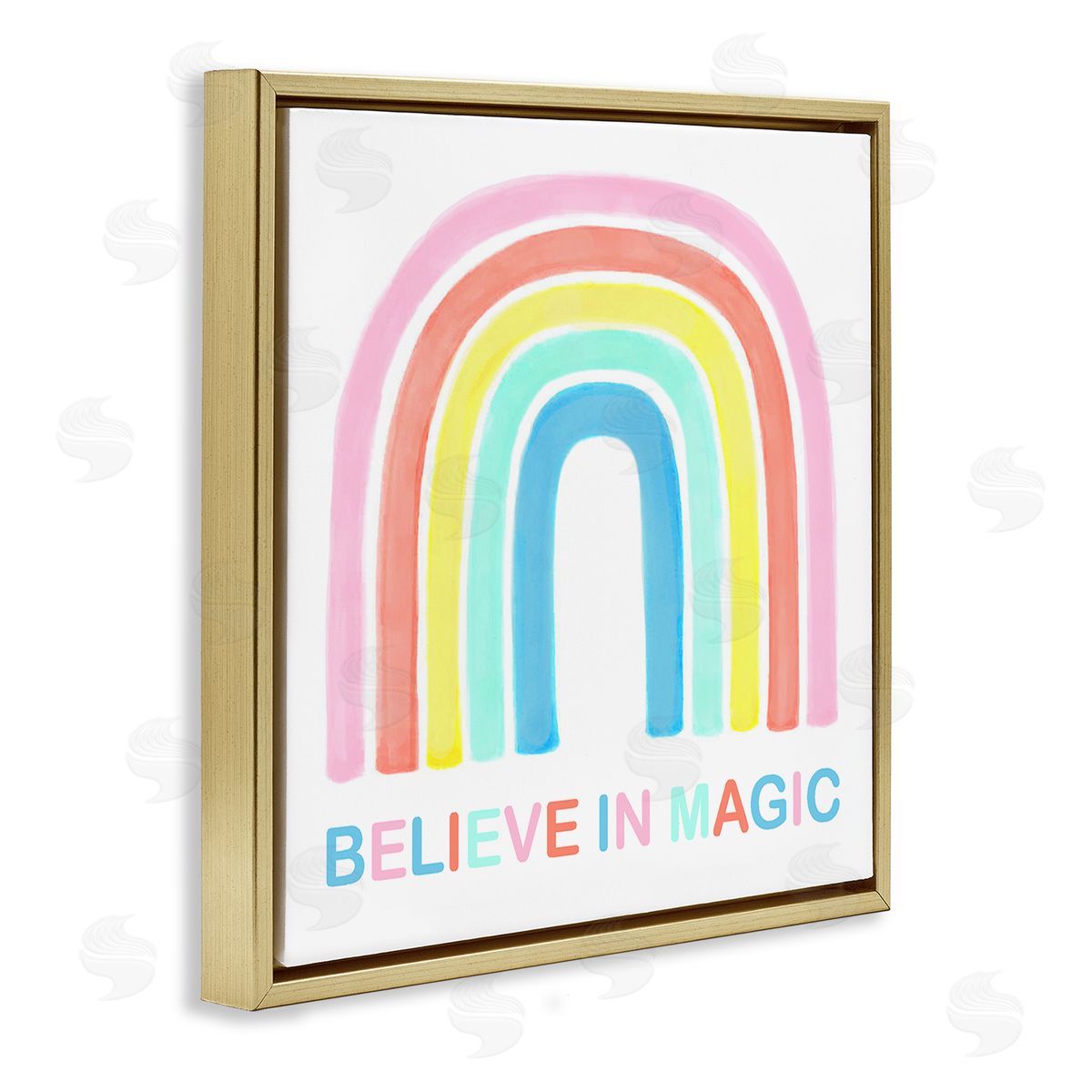 Reesa Qualia Believe In Magic Phrase Children's Vibrant Pastel Rainbow Gold Floating Frame Canvas Wall Art Print