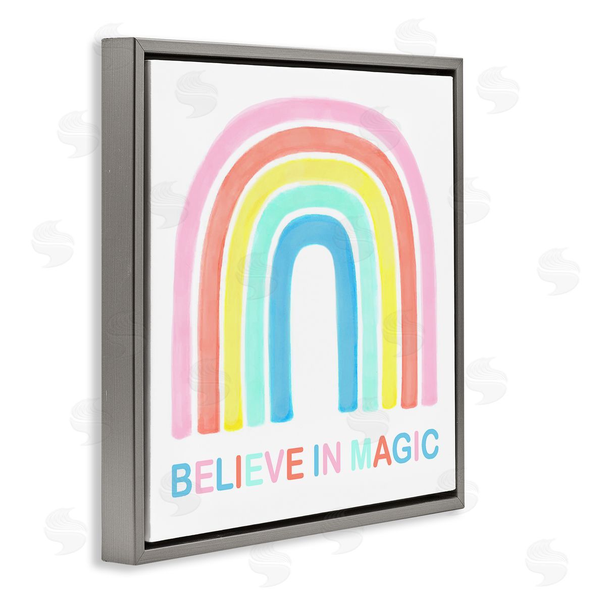 Reesa Qualia Believe In Magic Phrase Children's Vibrant Pastel Rainbow Gray Floating Frame Canvas Wall Art Print