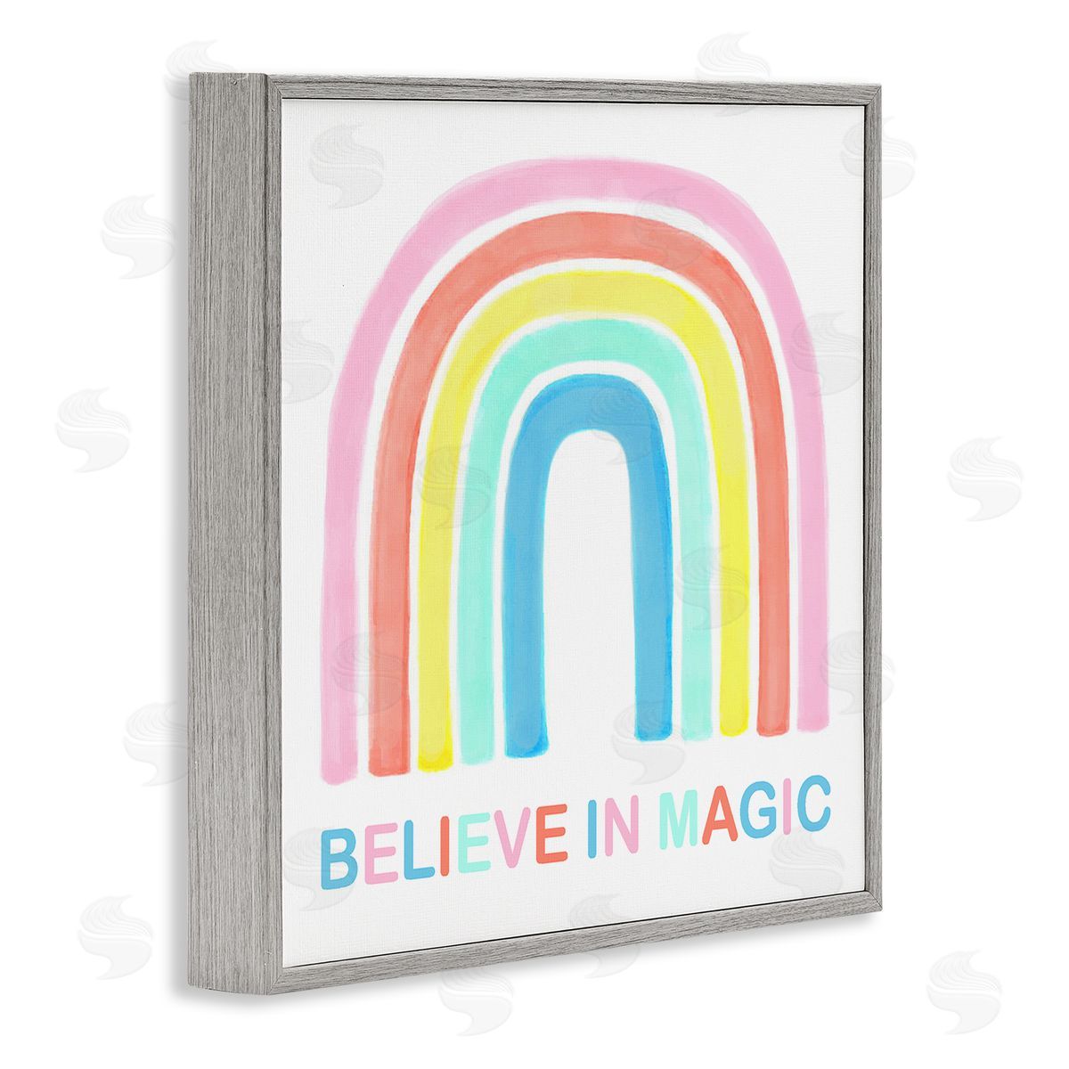 Reesa Qualia Believe In Magic Phrase Children's Vibrant Pastel Rainbow Gray Framed Glicee Wall Art Print
