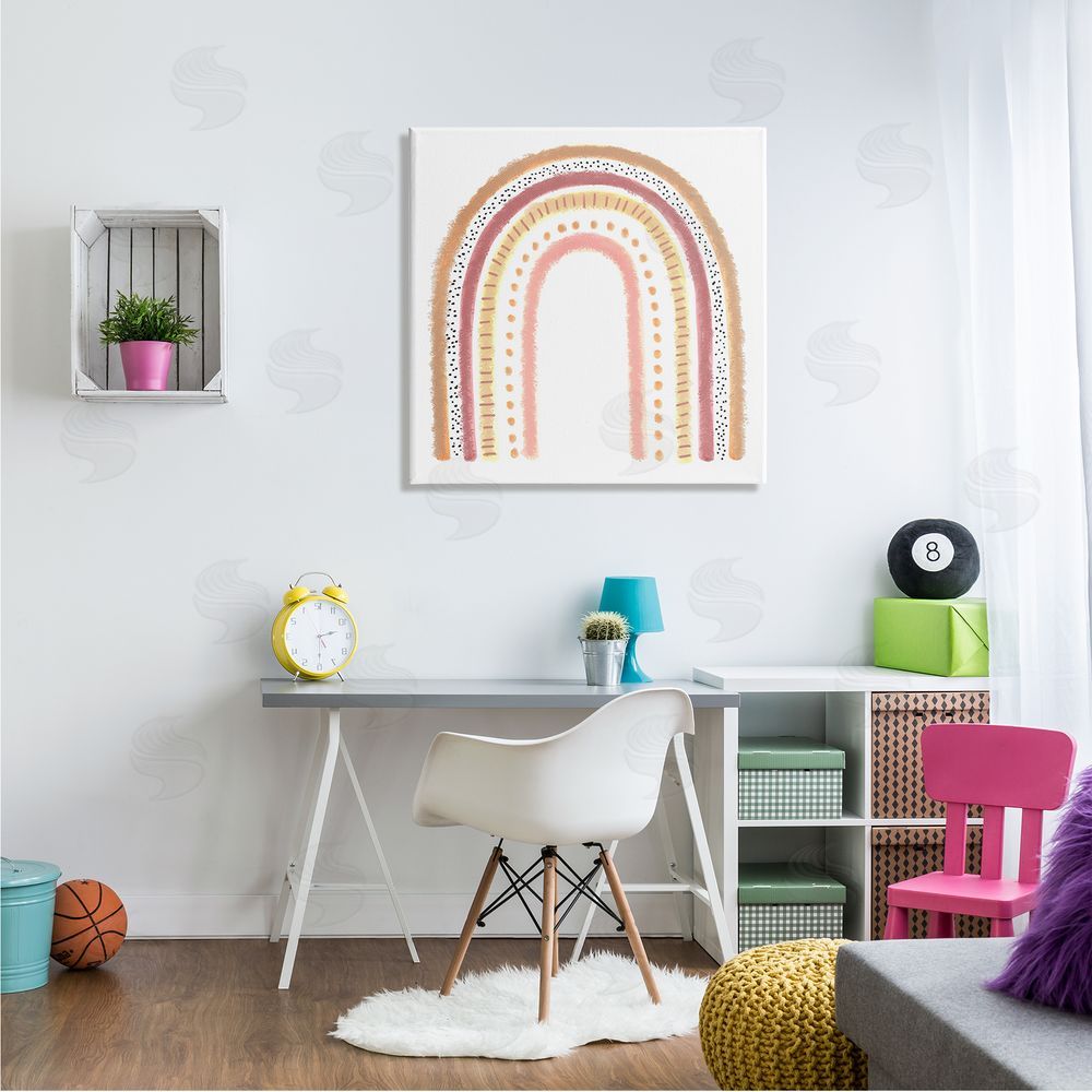 Reesa Qualia Patterned Stripe Rainbow Brown Pink Yellow Canvas Wall Art in Room