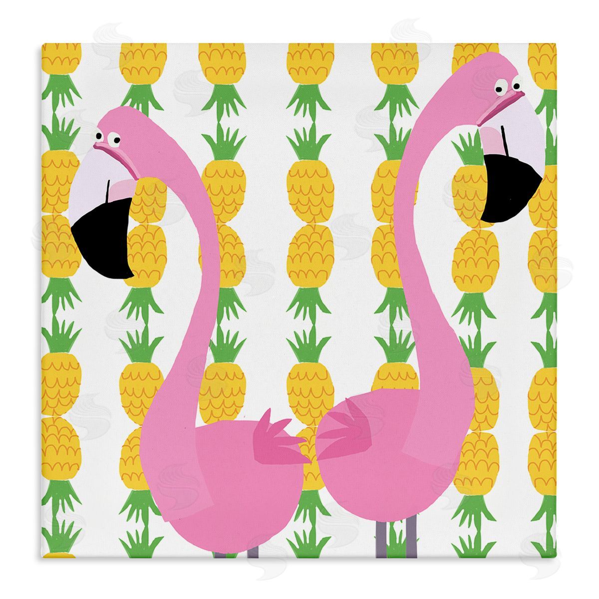 Carla Daly Kids' Pink Flamingo Pair Pineapple Stripe Pattern Stretched Canvas Wall Art Print