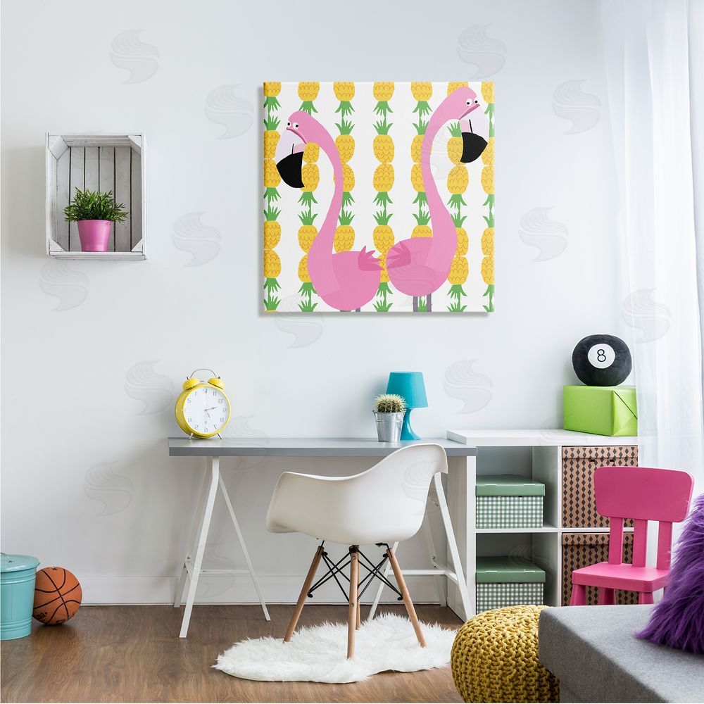 Carla Daly Kids' Pink Flamingo Pair Pineapple Stripe Pattern Canvas Wall Art in Room