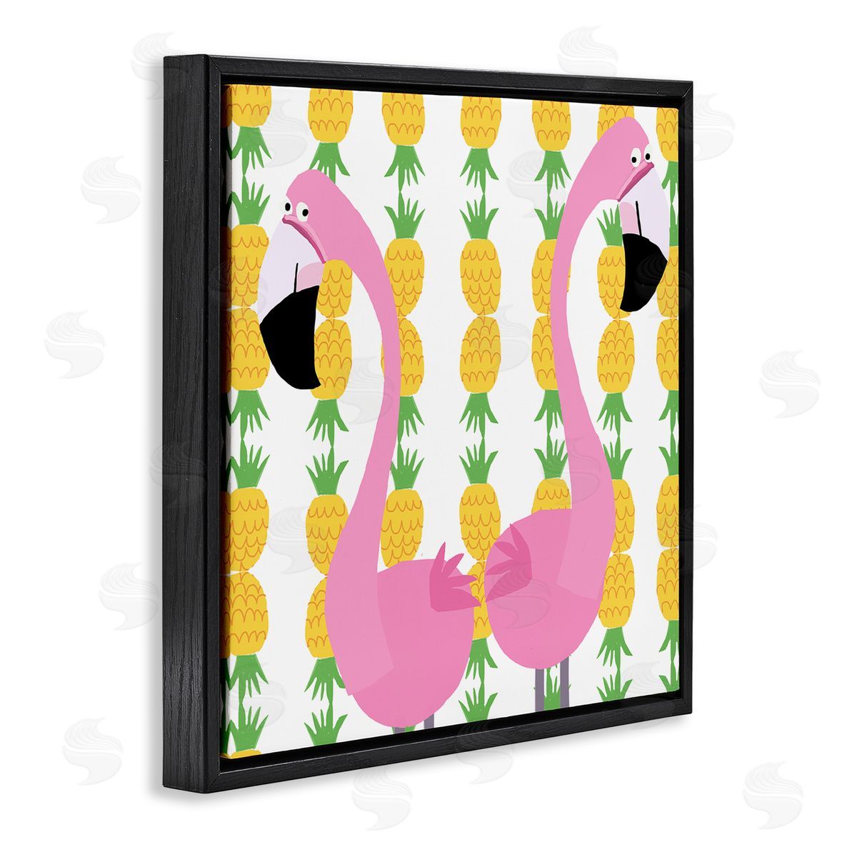 Carla Daly Kids' Pink Flamingo Pair Pineapple Stripe Pattern Black Floating Frame Canvas Wall Art Print