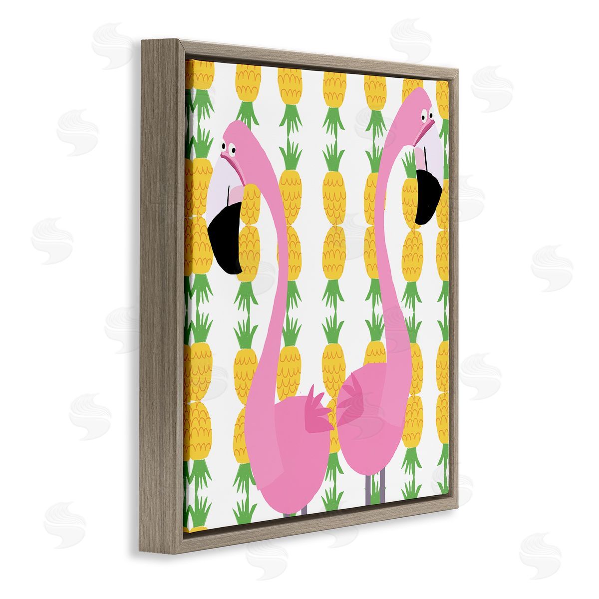 Carla Daly Kids' Pink Flamingo Pair Pineapple Stripe Pattern Brown Floating Frame Canvas Wall Art Print
