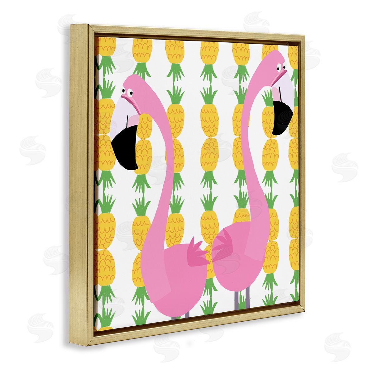 Carla Daly Kids' Pink Flamingo Pair Pineapple Stripe Pattern Gold Floating Frame Canvas Wall Art Print