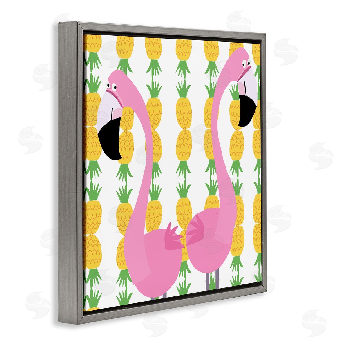 Carla Daly Kids' Pink Flamingo Pair Pineapple Stripe Pattern Gray Floating Frame Canvas Wall Art Print
