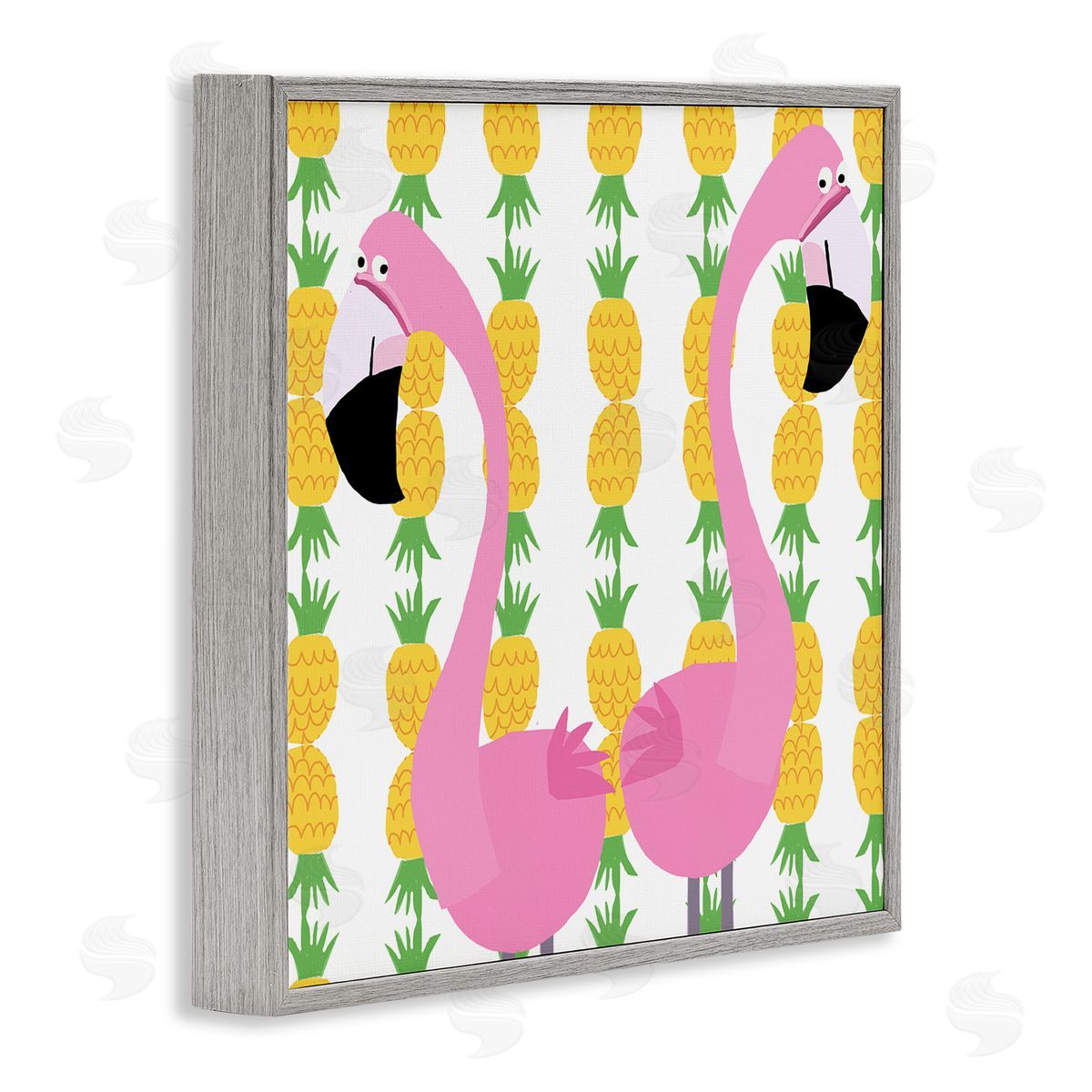 Carla Daly Kids' Pink Flamingo Pair Pineapple Stripe Pattern Gray Framed Glicee Wall Art Print