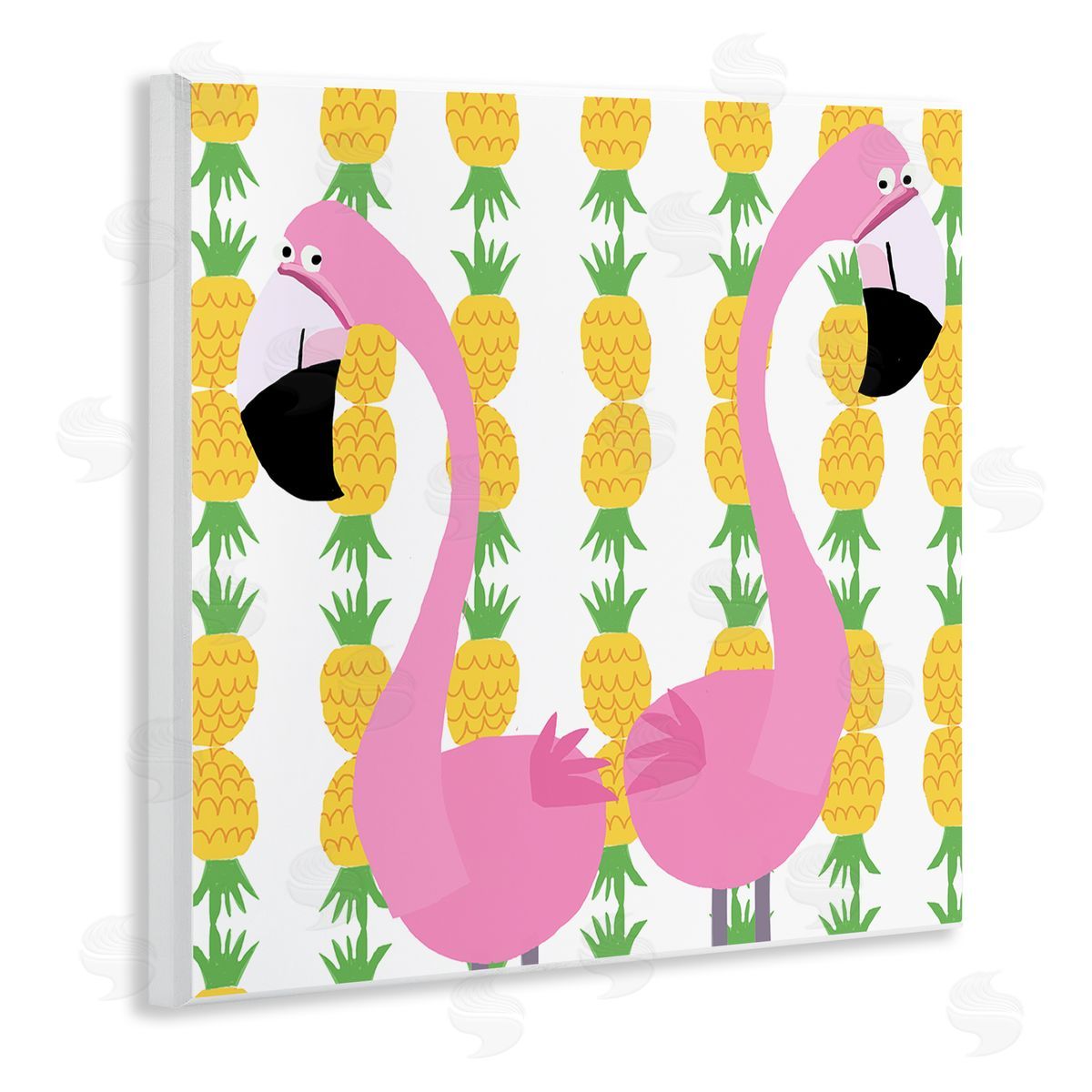 Carla Daly Kids' Pink Flamingo Pair Pineapple Stripe Pattern Wooden Wall Plaque Art Print
