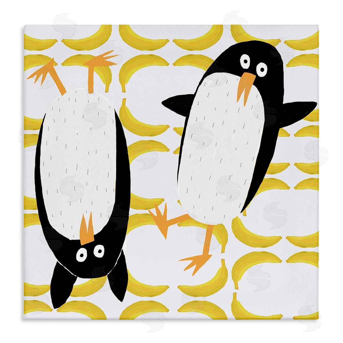 Carla Daly Kids' Arctic Penguin Pair Yellow Banana Pattern Stretched Canvas Wall Art Print