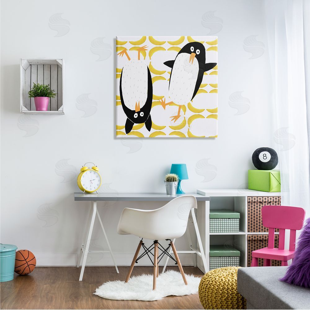 Carla Daly Kids' Arctic Penguin Pair Yellow Banana Pattern Canvas Wall Art in Room