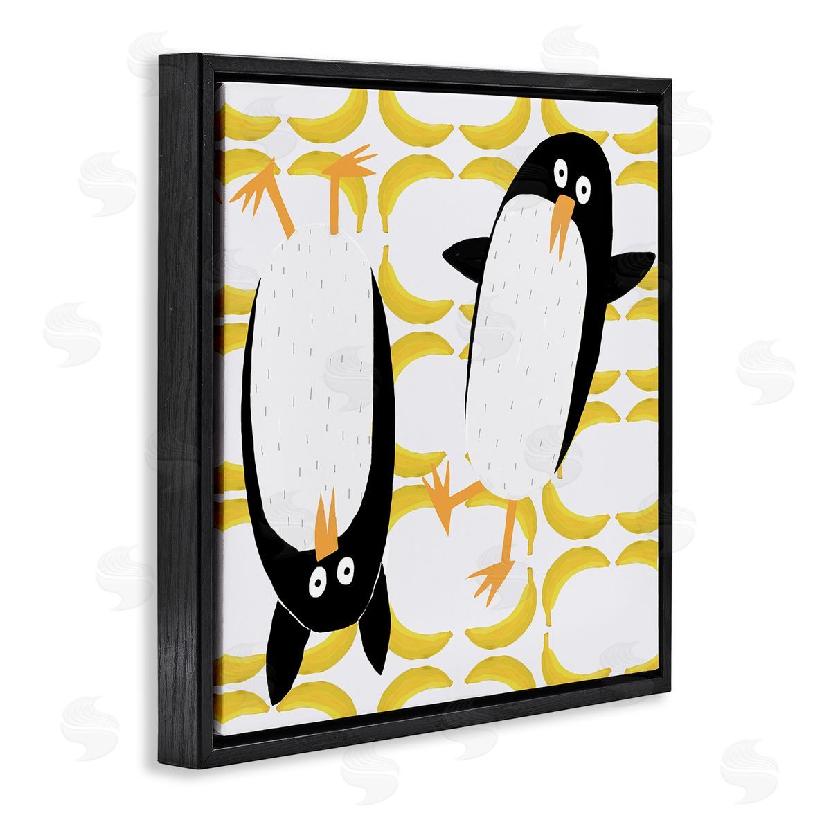 Carla Daly Kids' Arctic Penguin Pair Yellow Banana Pattern Black Floating Frame Canvas Wall Art Print