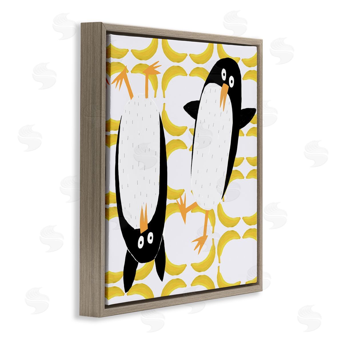 Carla Daly Kids' Arctic Penguin Pair Yellow Banana Pattern Brown Floating Frame Canvas Wall Art Print