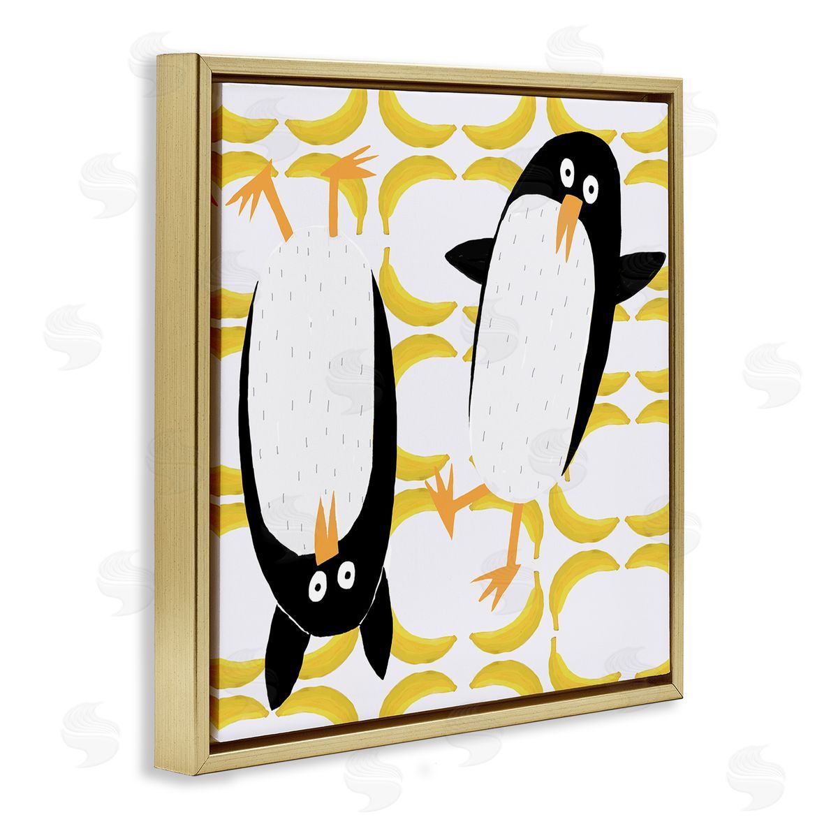 Carla Daly Kids' Arctic Penguin Pair Yellow Banana Pattern Gold Floating Frame Canvas Wall Art Print