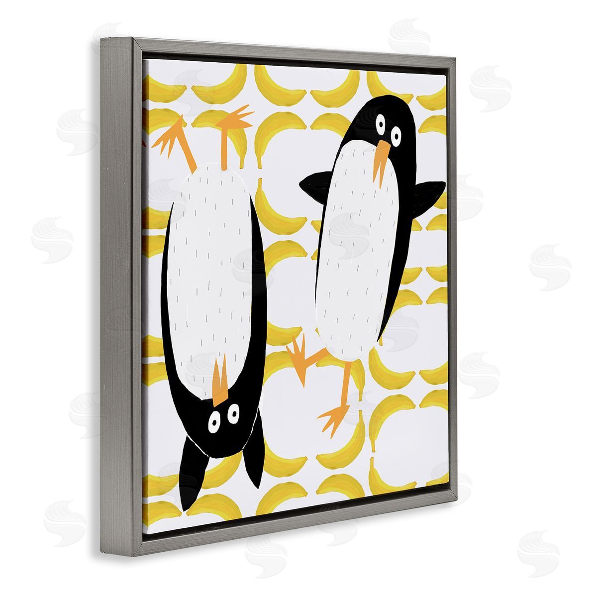 Carla Daly Kids' Arctic Penguin Pair Yellow Banana Pattern Gray Floating Frame Canvas Wall Art Print