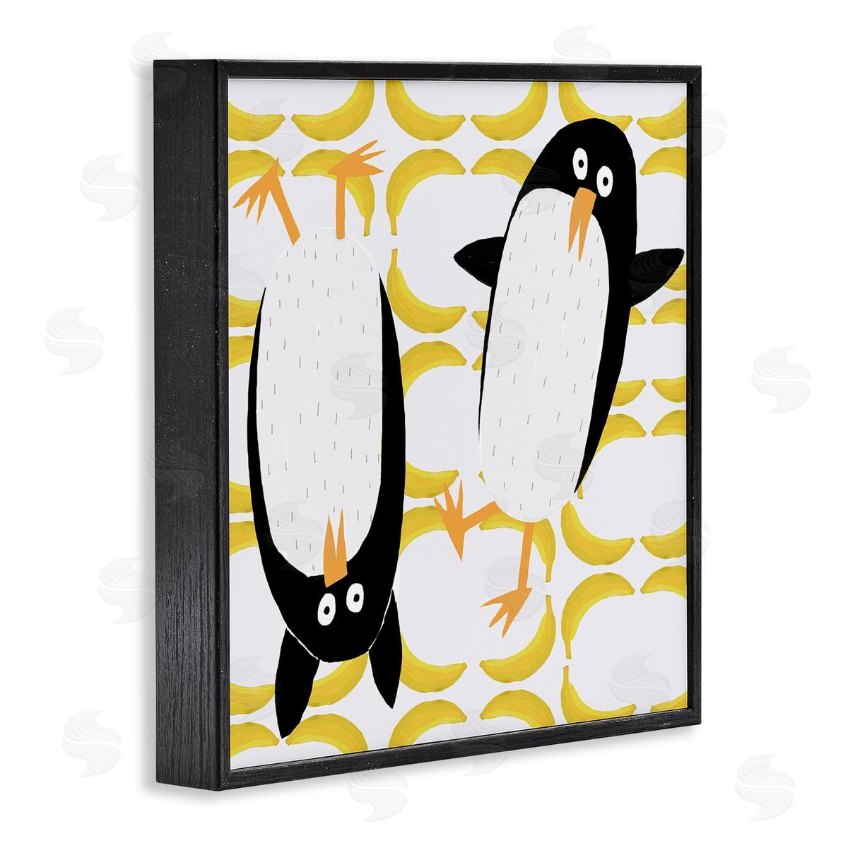 Carla Daly Kids' Arctic Penguin Pair Yellow Banana Pattern Black Framed Glicee Wall Art Print