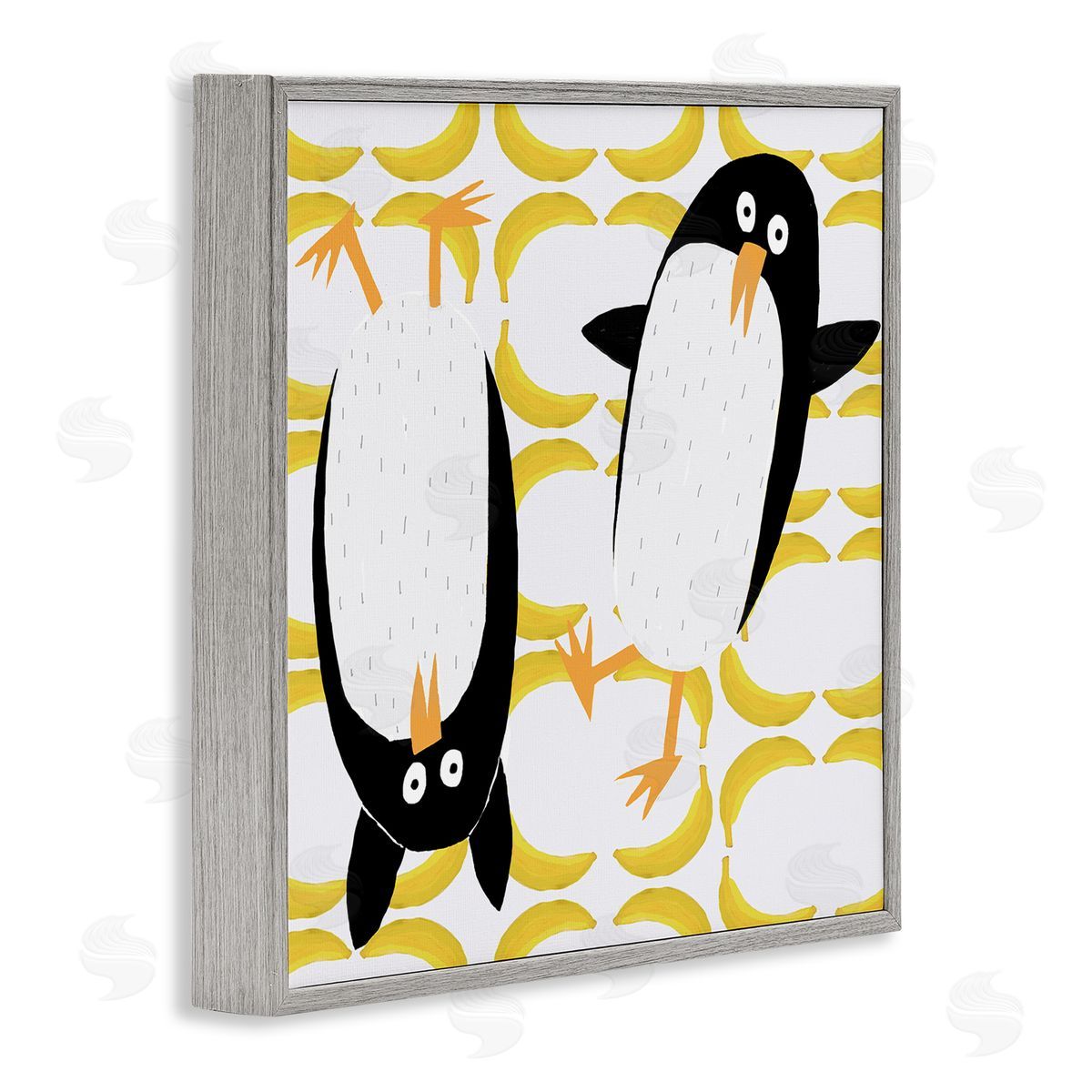 Carla Daly Kids' Arctic Penguin Pair Yellow Banana Pattern Gray Framed Glicee Wall Art Print