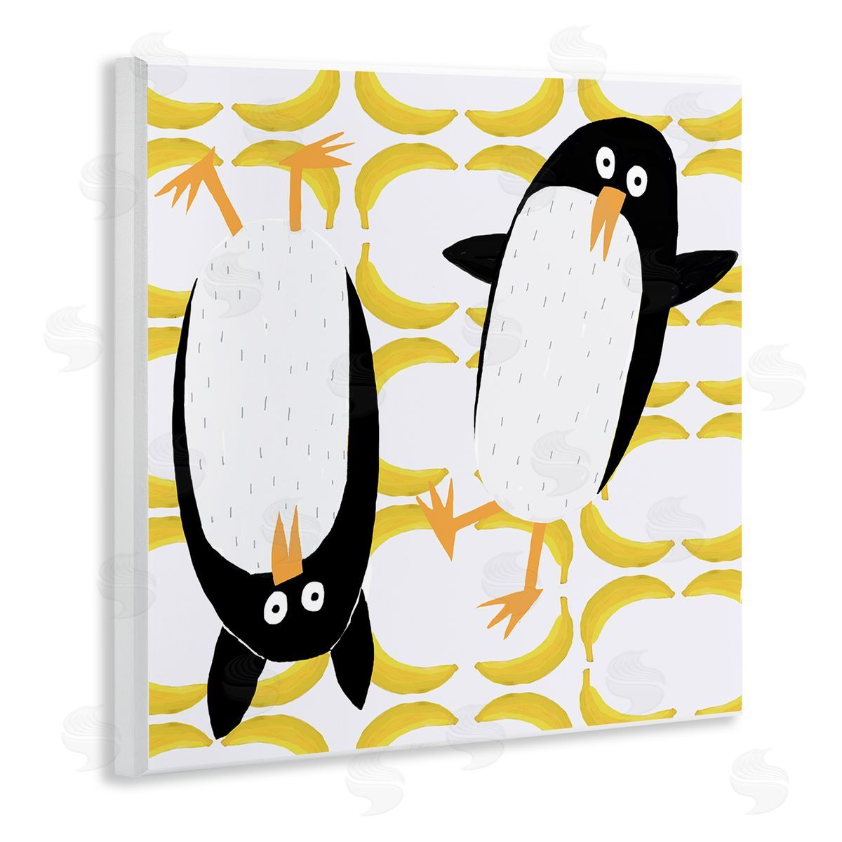 Carla Daly Kids' Arctic Penguin Pair Yellow Banana Pattern Wooden Wall Plaque Art Print
