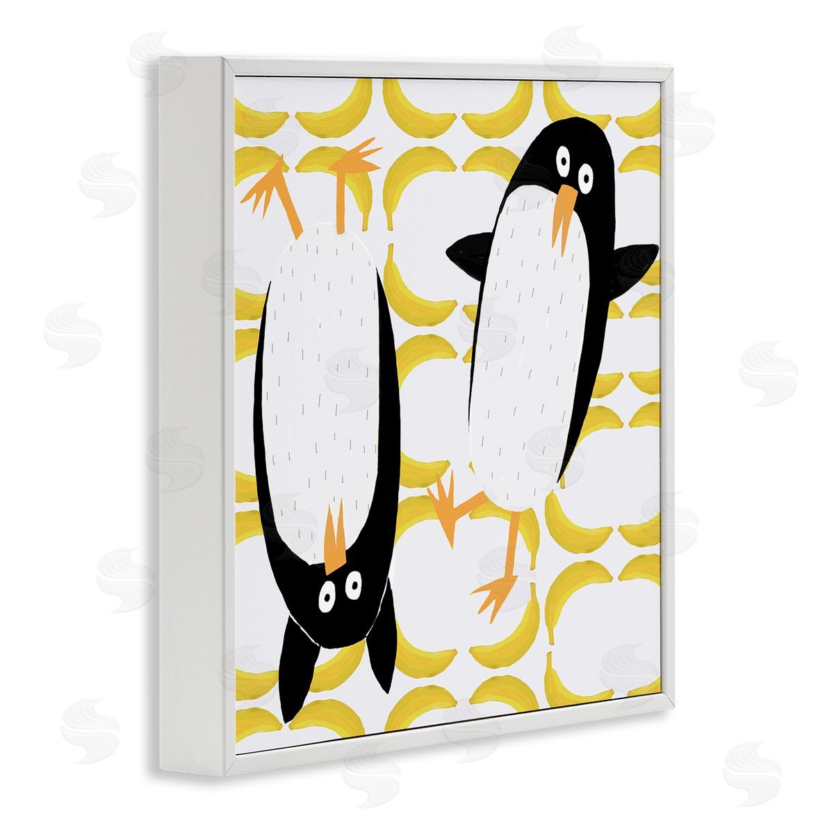 Carla Daly Kids' Arctic Penguin Pair Yellow Banana Pattern White Framed Glicee Wall Art Print