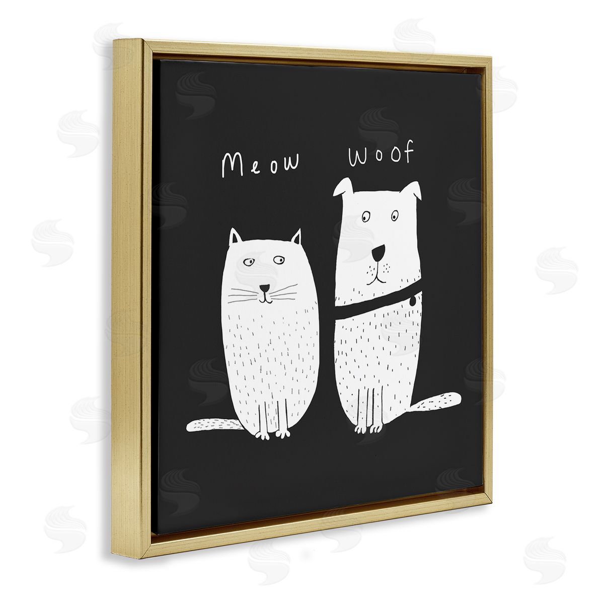 Carla Daly Kids' Cat and Dog Pet Pair Meow Woof Gold Floating Frame Canvas Wall Art Print