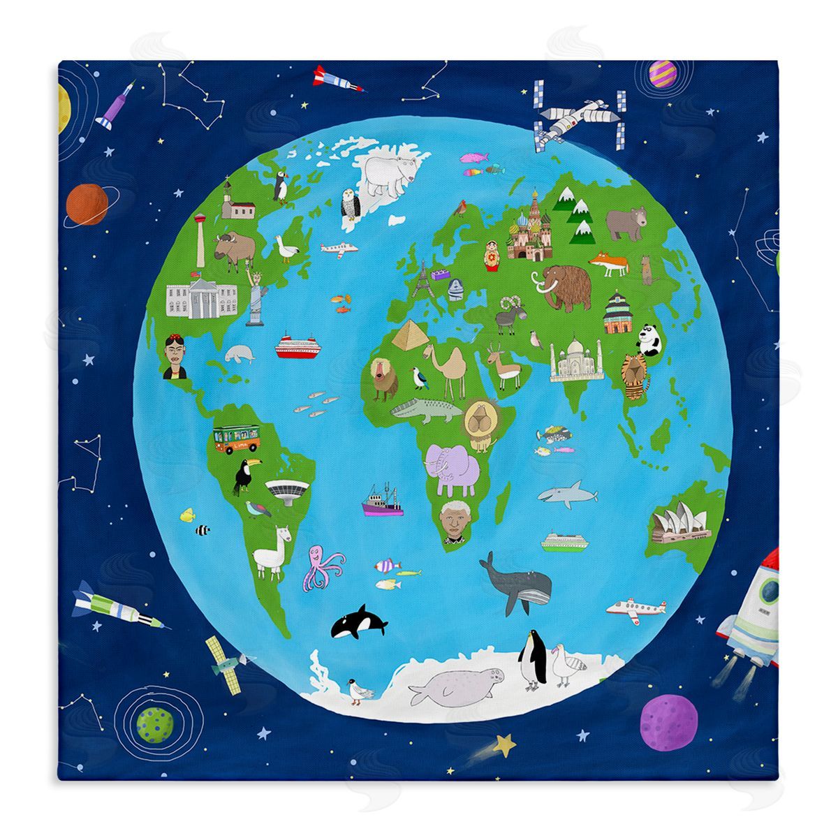 Carla Daly Children's Earth and Outer Space Map Animals Stars Stretched Canvas Wall Art Print