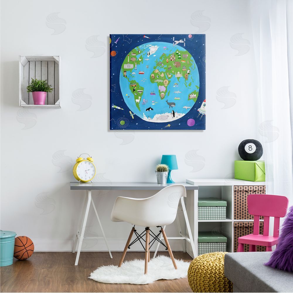 Carla Daly Children's Earth and Outer Space Map Animals Stars Canvas Wall Art in Room