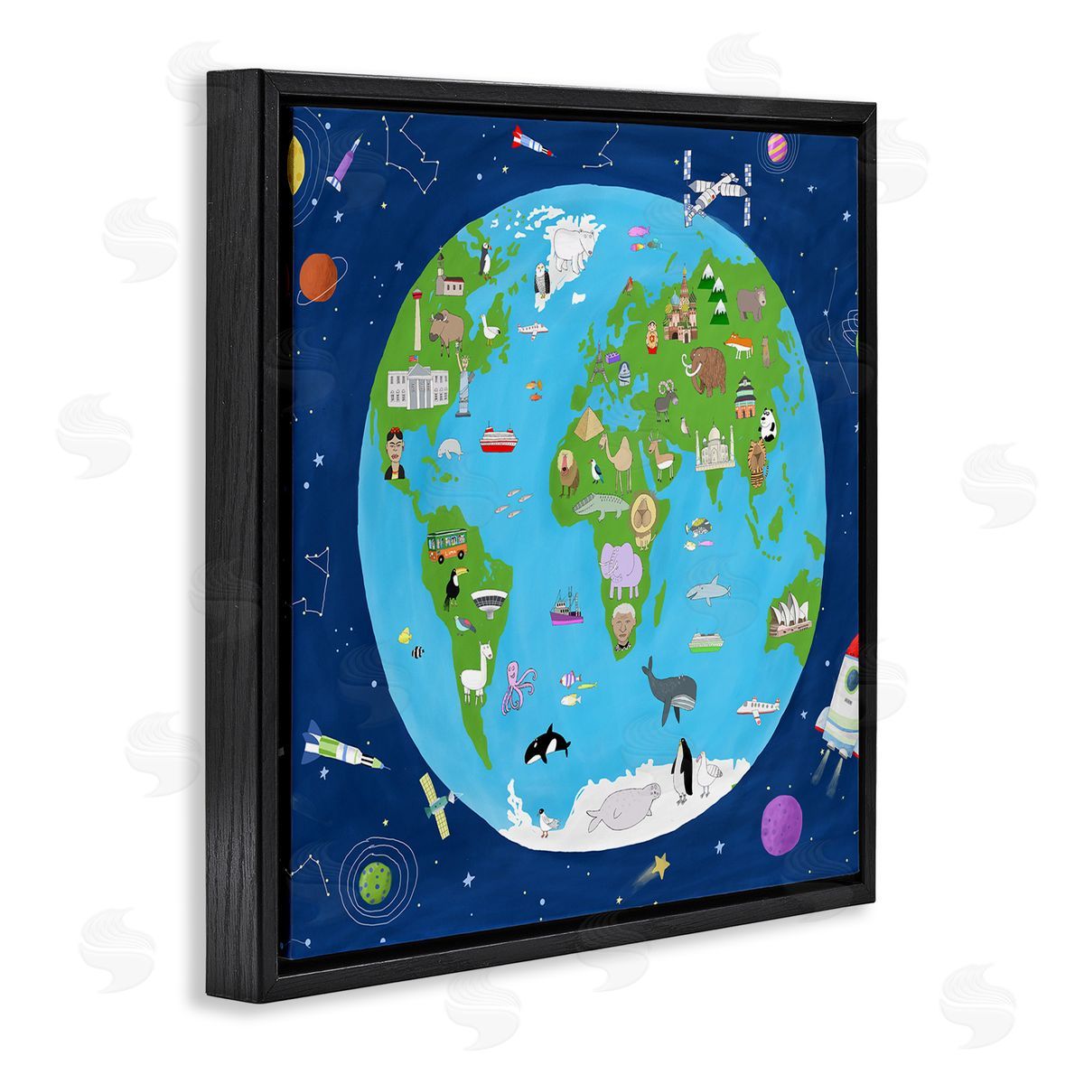 Carla Daly Children's Earth and Outer Space Map Animals Stars Black Floating Frame Canvas Wall Art Print