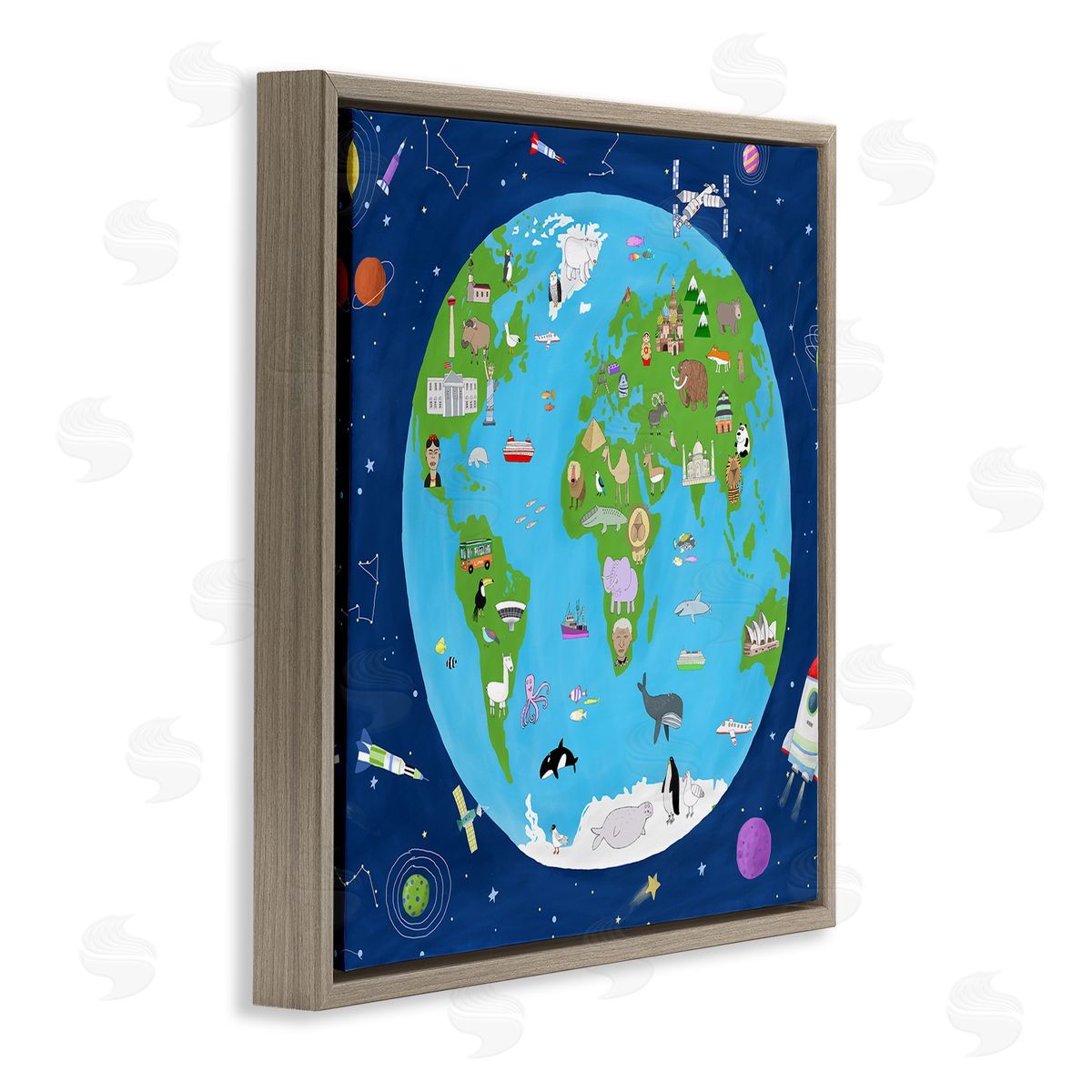 Carla Daly Children's Earth and Outer Space Map Animals Stars Brown Floating Frame Canvas Wall Art Print
