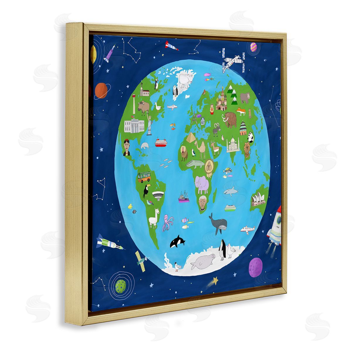 Carla Daly Children's Earth and Outer Space Map Animals Stars Gold Floating Frame Canvas Wall Art Print