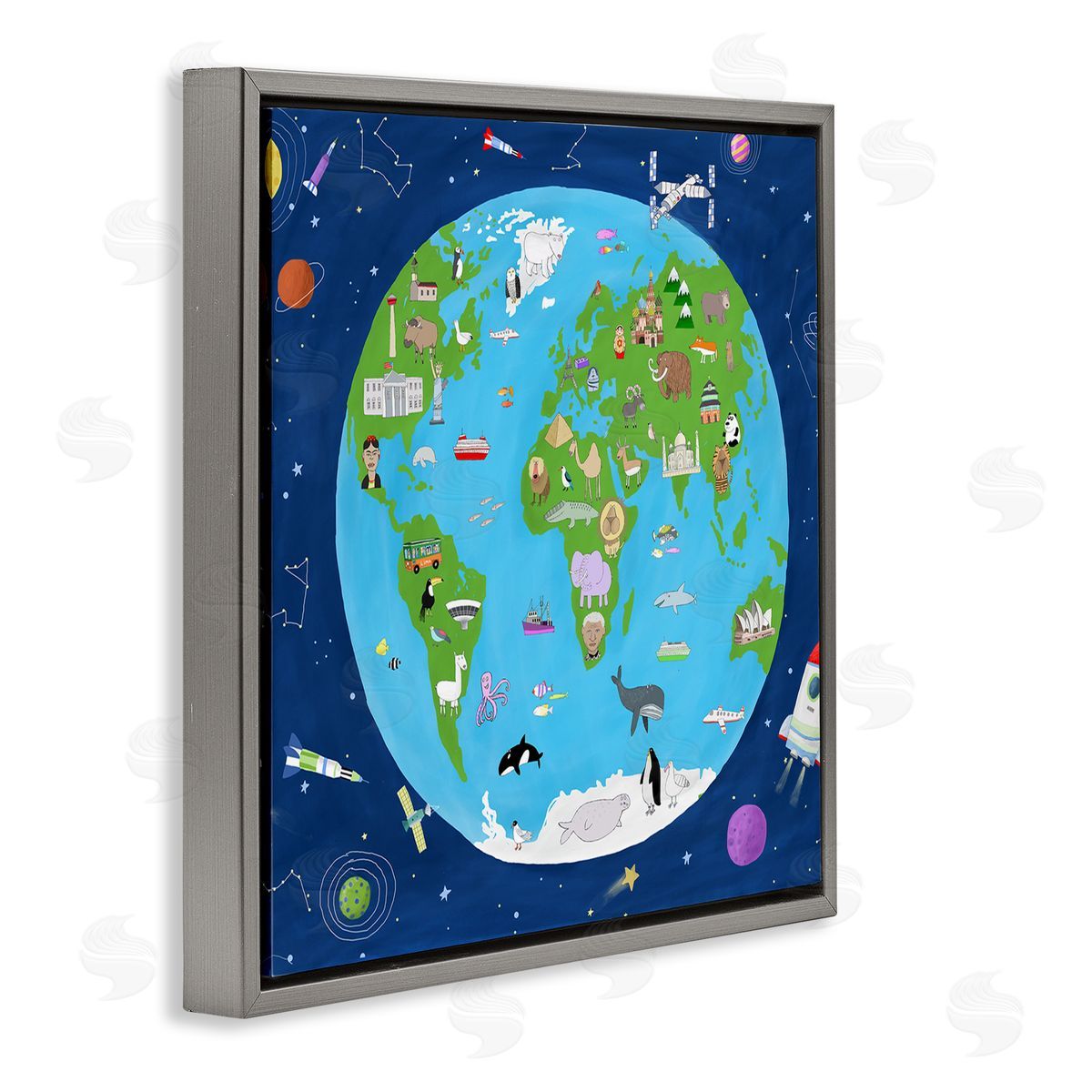 Carla Daly Children's Earth and Outer Space Map Animals Stars Gray Floating Frame Canvas Wall Art Print
