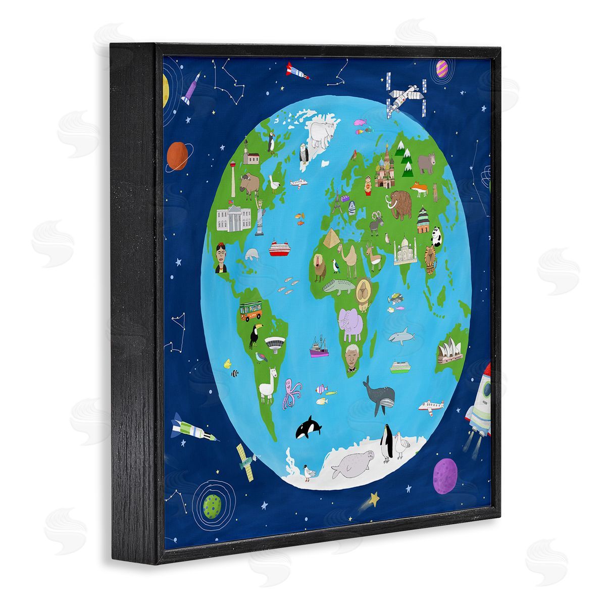 Carla Daly Children's Earth and Outer Space Map Animals Stars Black Framed Glicee Wall Art Print