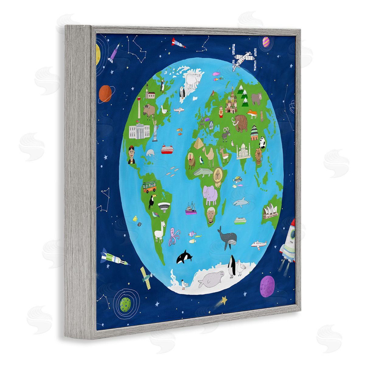 Carla Daly Children's Earth and Outer Space Map Animals Stars Gray Framed Glicee Wall Art Print