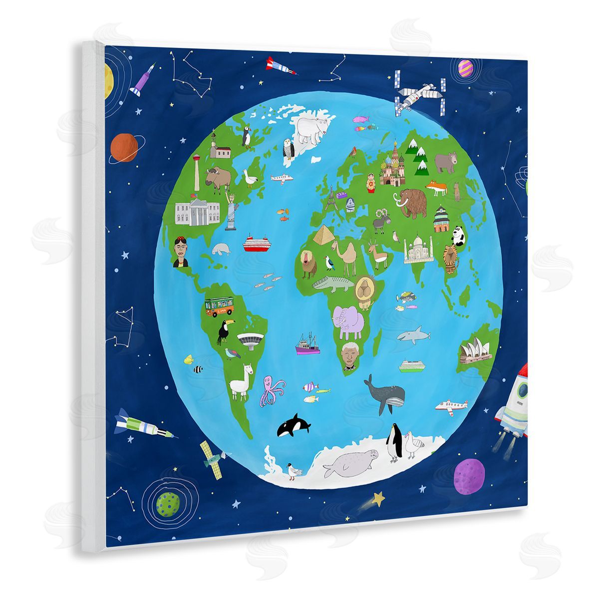 Carla Daly Children's Earth and Outer Space Map Animals Stars Wooden Wall Plaque Art Print