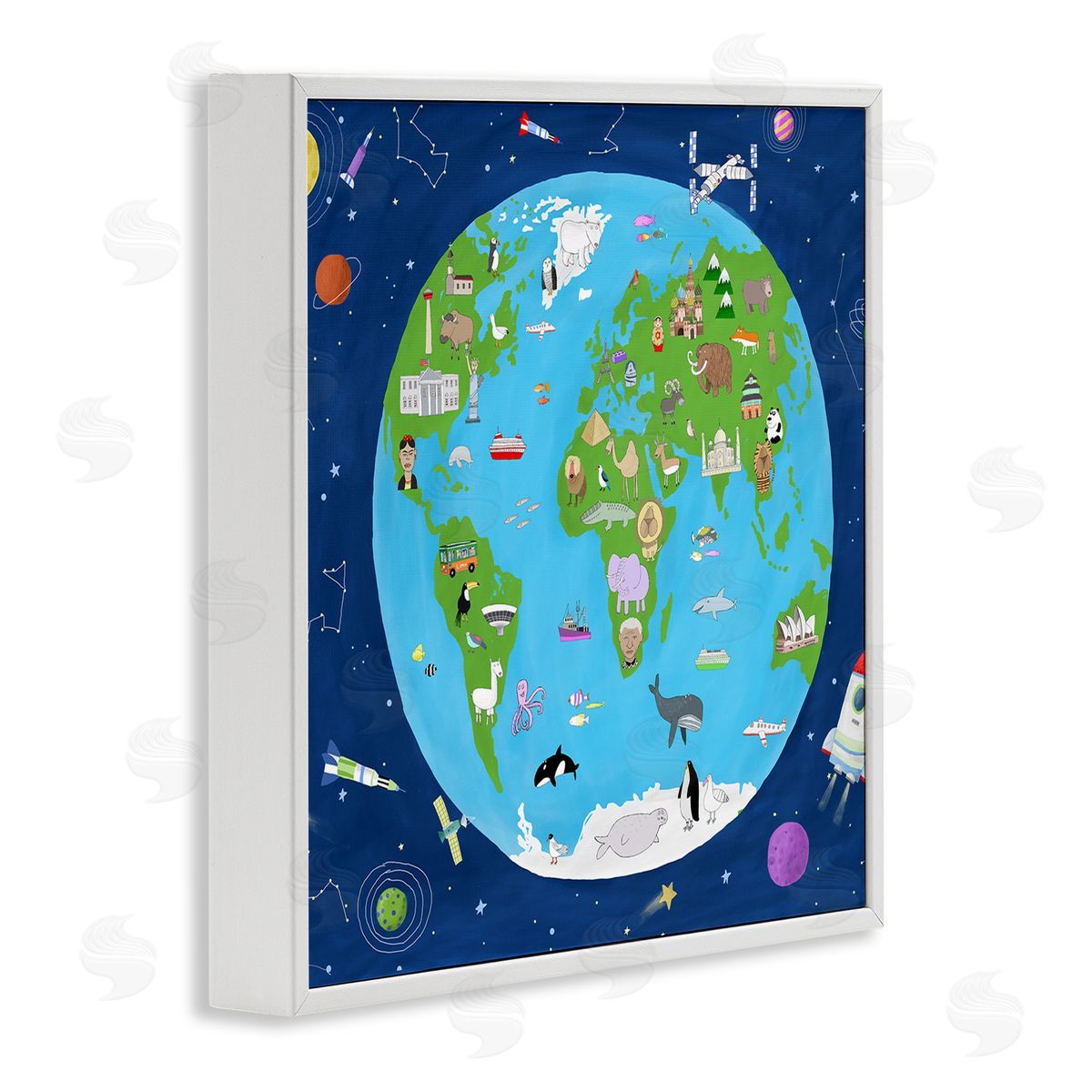 Carla Daly Children's Earth and Outer Space Map Animals Stars White Framed Glicee Wall Art Print