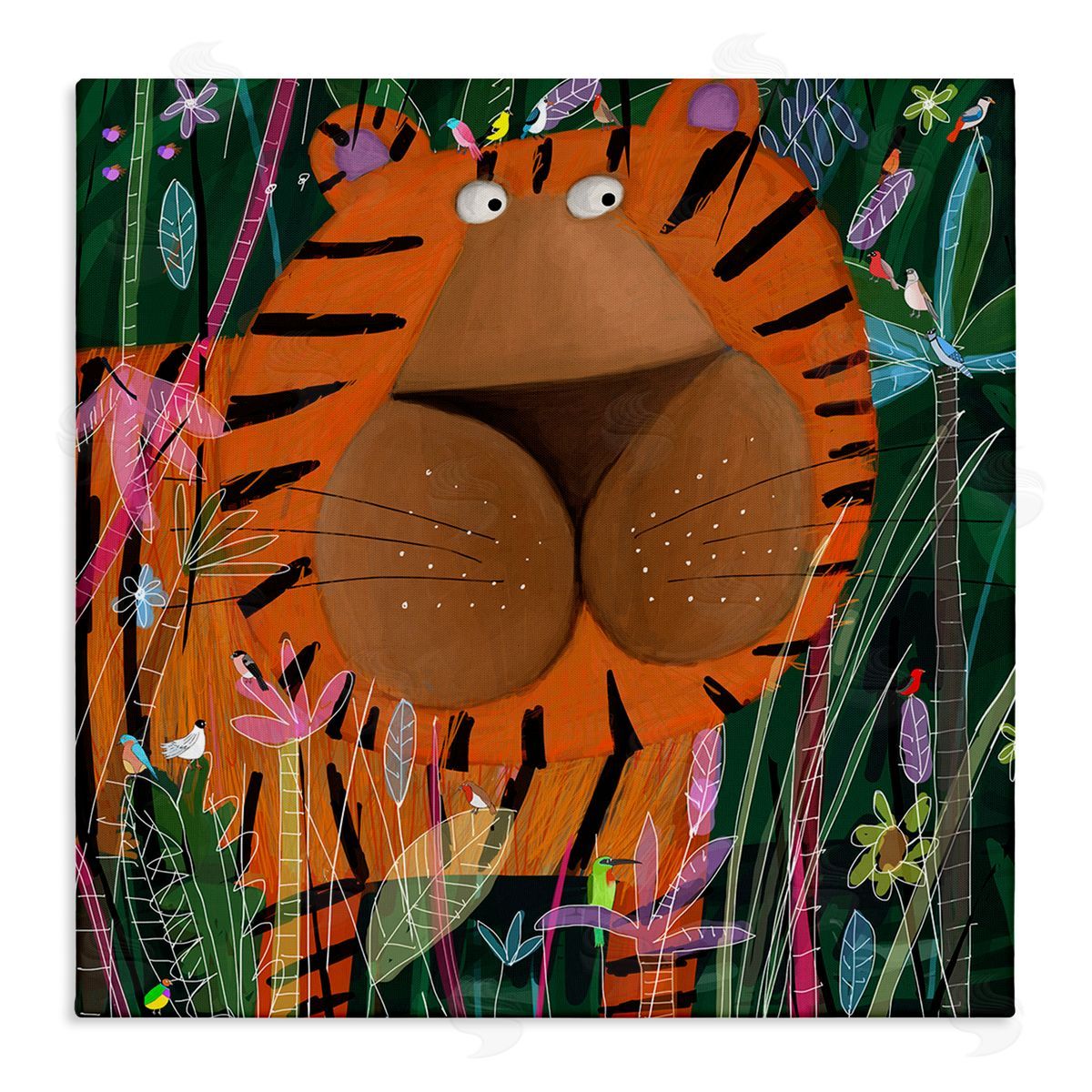 Carla Daly Children's Striped Tiger in Tropical Jungle Brush Stretched Canvas Wall Art Print