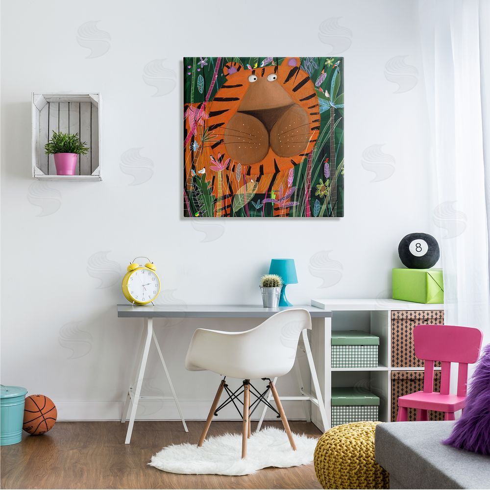 Carla Daly Children's Striped Tiger in Tropical Jungle Brush Canvas Wall Art in Room