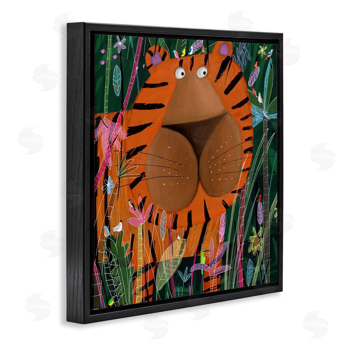 Carla Daly Children's Striped Tiger in Tropical Jungle Brush Black Floating Frame Canvas Wall Art Print